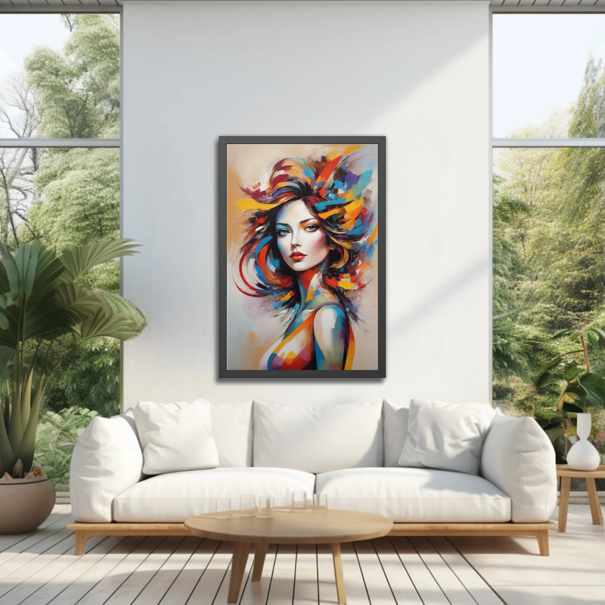 Vibrant abstract portrait of a woman with colorful flowing hair in bold painterly strokes