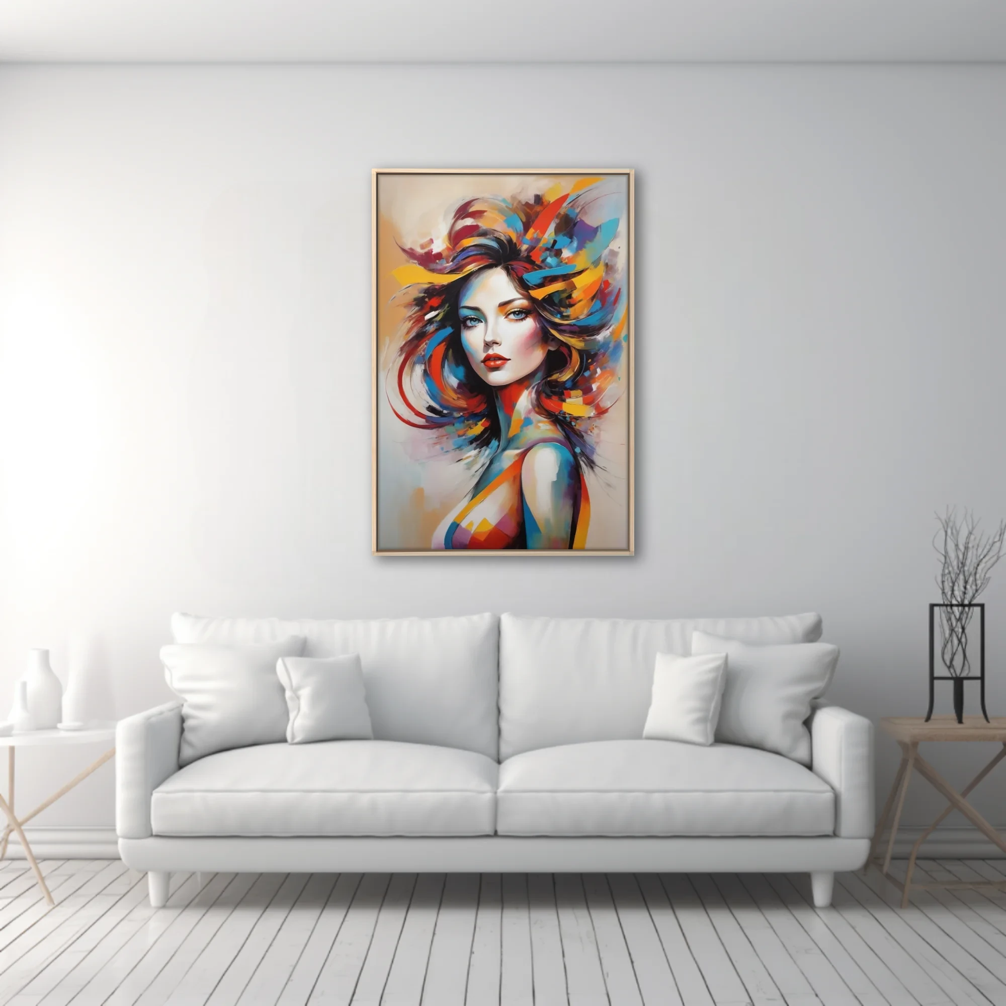 Vibrant abstract portrait of a woman with colorful flowing hair in bold painterly strokes