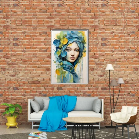 Abstract female portrait with teal watercolor washes, botanical motifs and yellow accents