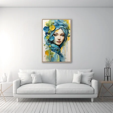 Abstract female portrait with teal watercolor washes, botanical motifs and yellow accents