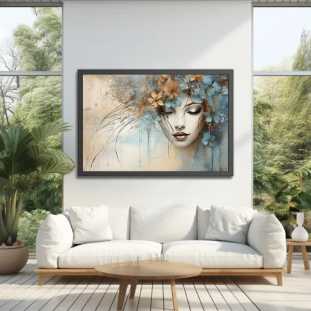 Watercolor-style abstract female portrait with blue and gold floral motifs, dreamy mood