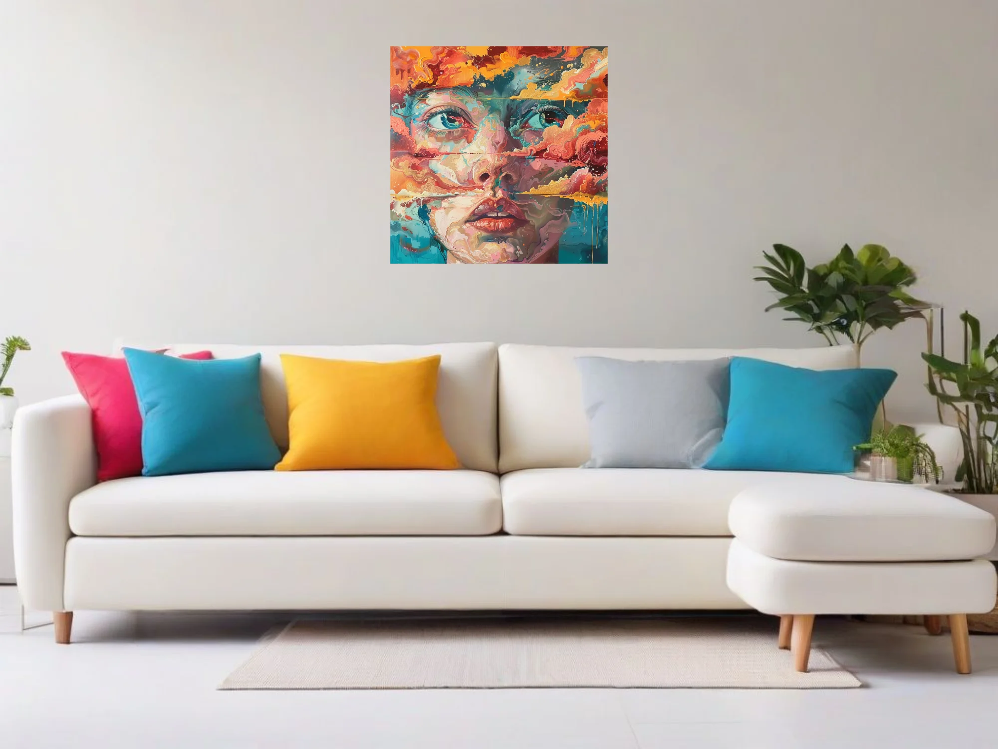 Expressive woman's face in turquoise, coral, and gold with swirling marbled strokes and drips