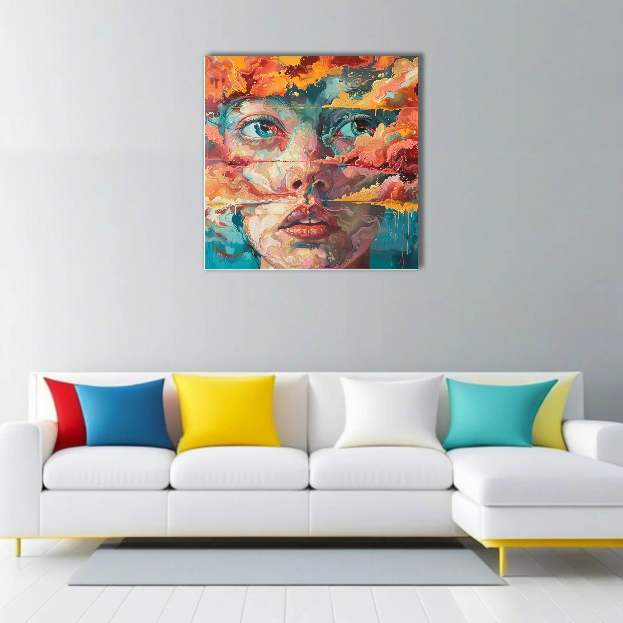 Expressive woman's face in turquoise, coral, and gold with swirling marbled strokes and drips
