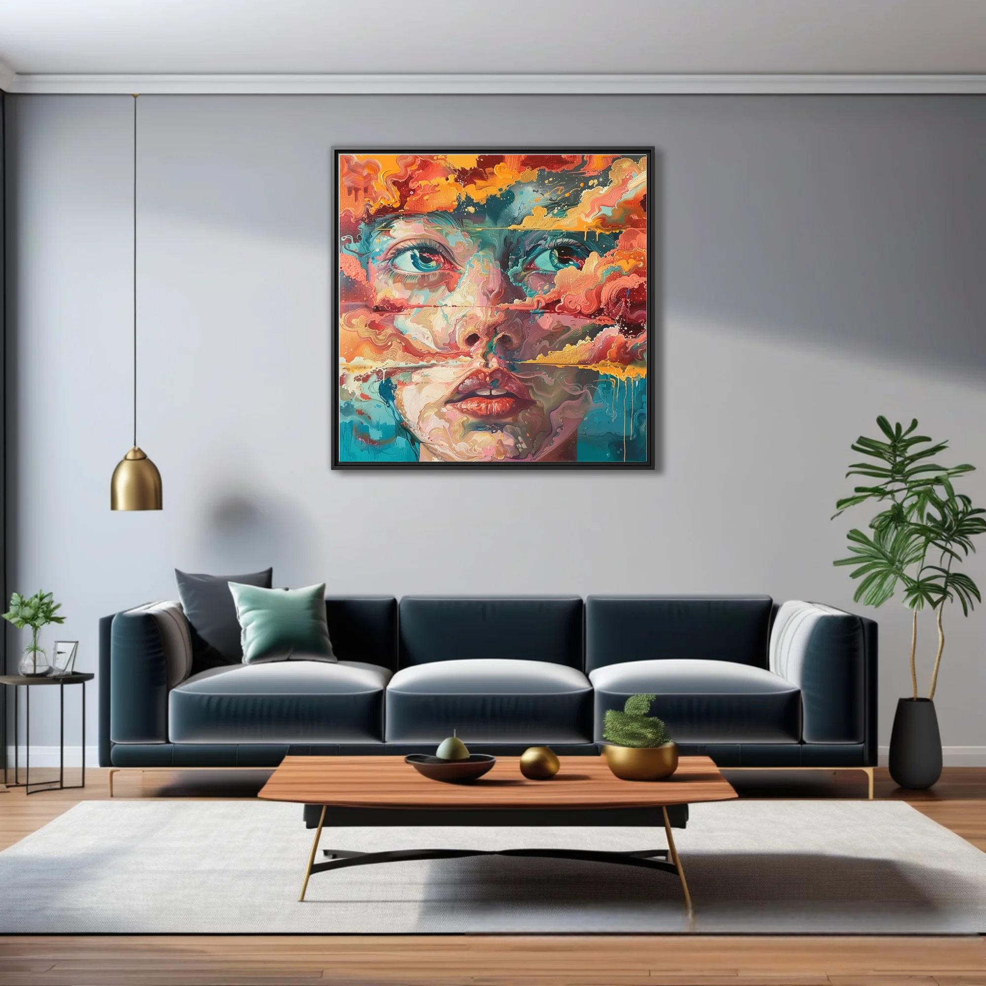 Expressive woman's face in turquoise, coral, and gold with swirling marbled strokes and drips