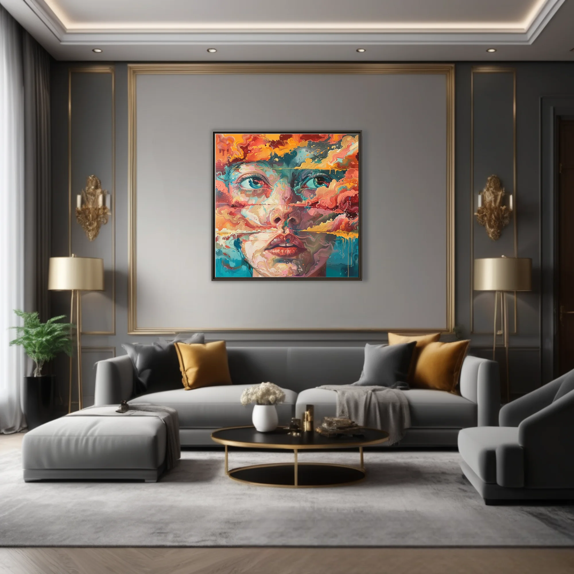 Expressive woman's face in turquoise, coral, and gold with swirling marbled strokes and drips