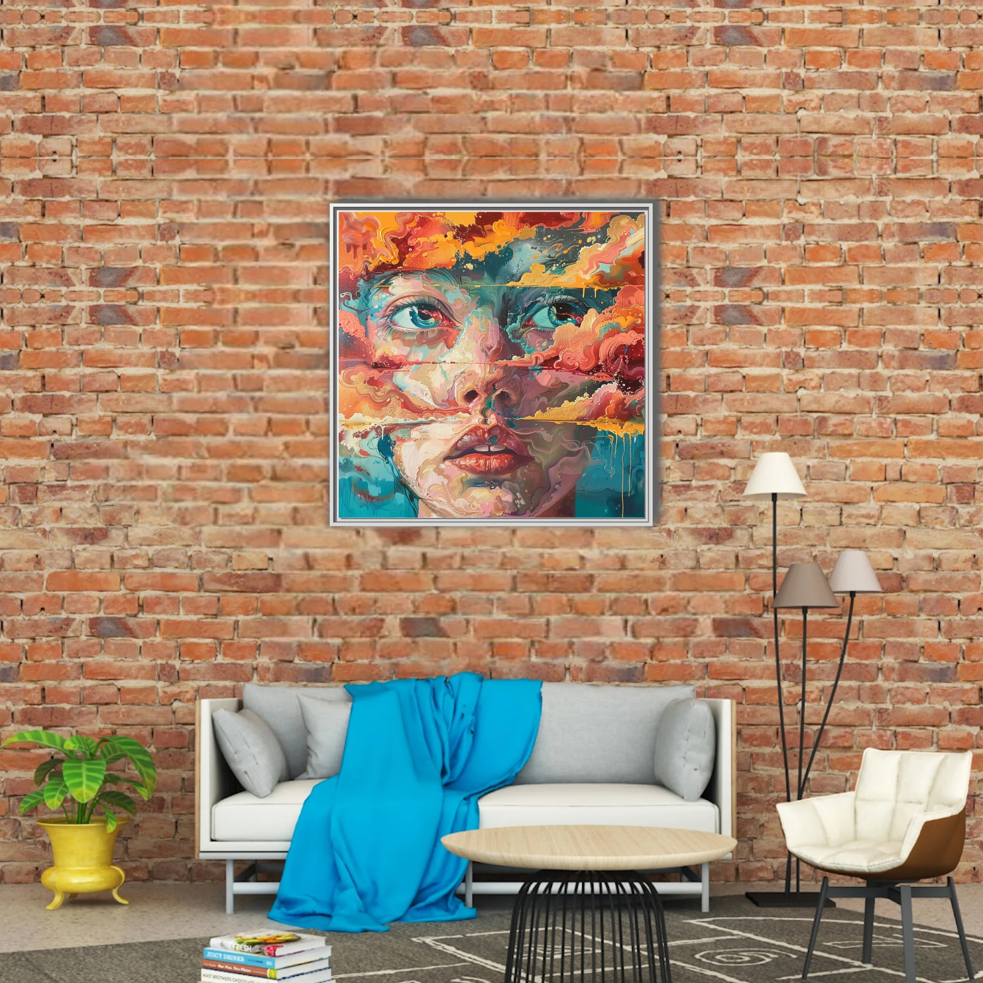 Expressive woman's face in turquoise, coral, and gold with swirling marbled strokes and drips