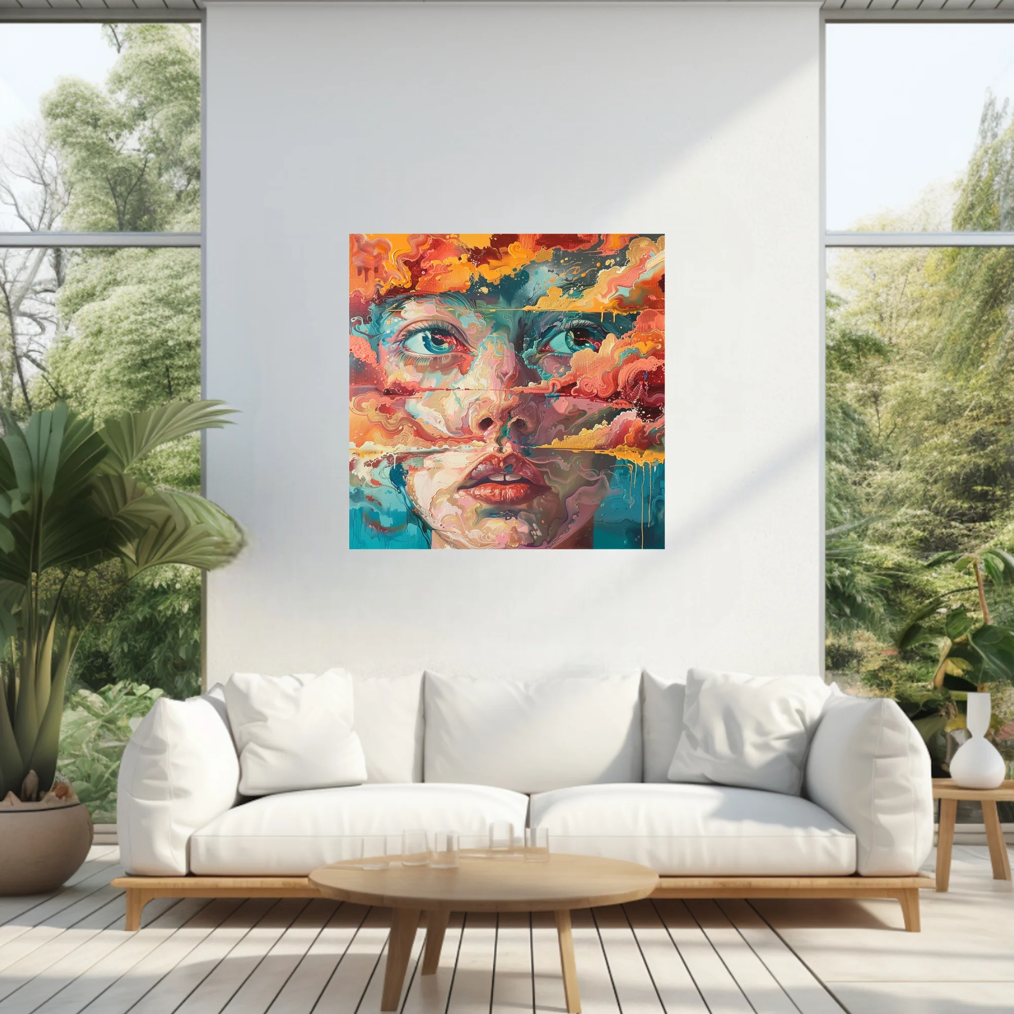 Expressive woman's face in turquoise, coral, and gold with swirling marbled strokes and drips