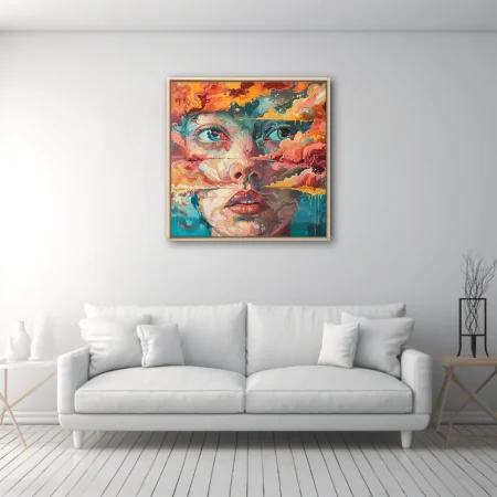 Expressive woman's face in turquoise, coral, and gold with swirling marbled strokes and drips