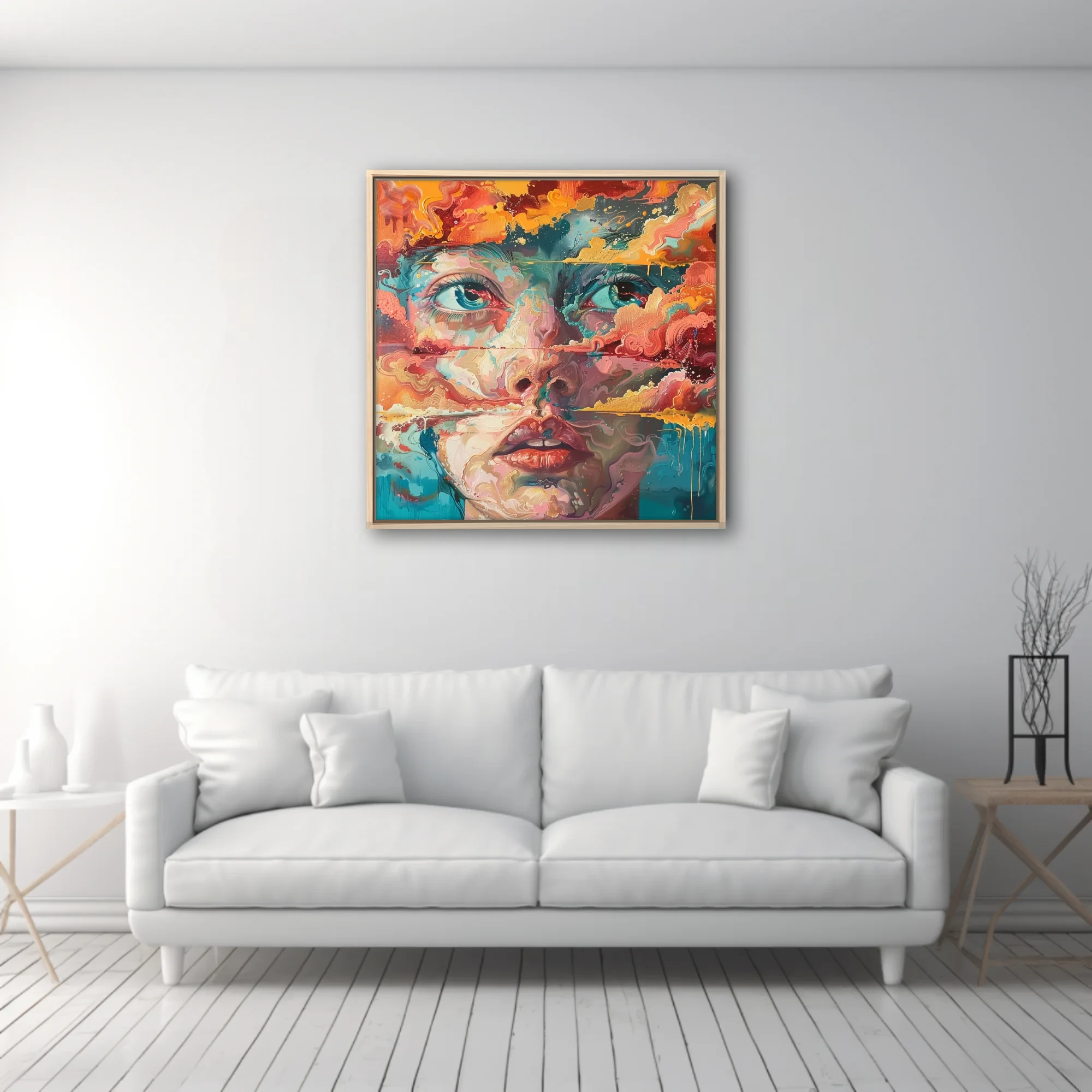 Expressive woman's face in turquoise, coral, and gold with swirling marbled strokes and drips