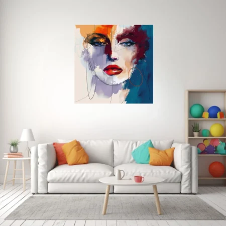 Abstract woman portrait with bold red lips, blue eyes, expressive painterly washes