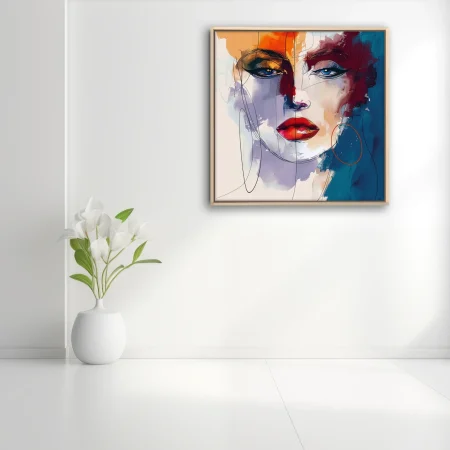 Abstract woman portrait with bold red lips, blue eyes, expressive painterly washes