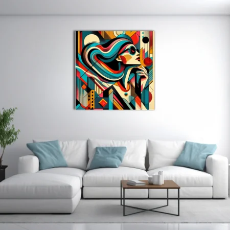 Bold graphic geometric female portrait in teal, red and cream with retro style