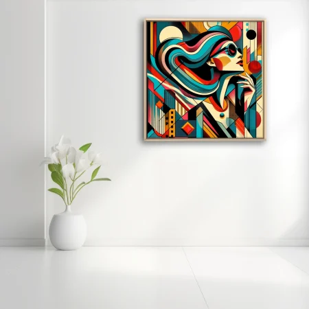 Bold graphic geometric female portrait in teal, red and cream with retro style