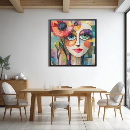Mosaic style abstract woman portrait with vivid floral motifs and multicolor palette