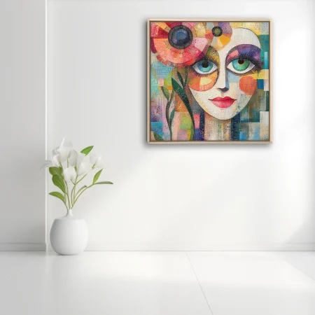 Mosaic style abstract woman portrait with vivid floral motifs and multicolor palette