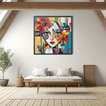 Geometric abstract woman portrait with vivid geometric floral motifs and bold palette