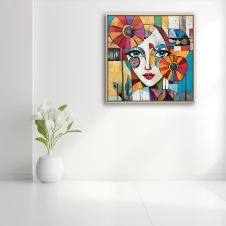 Geometric abstract woman portrait with vivid geometric floral motifs and bold palette