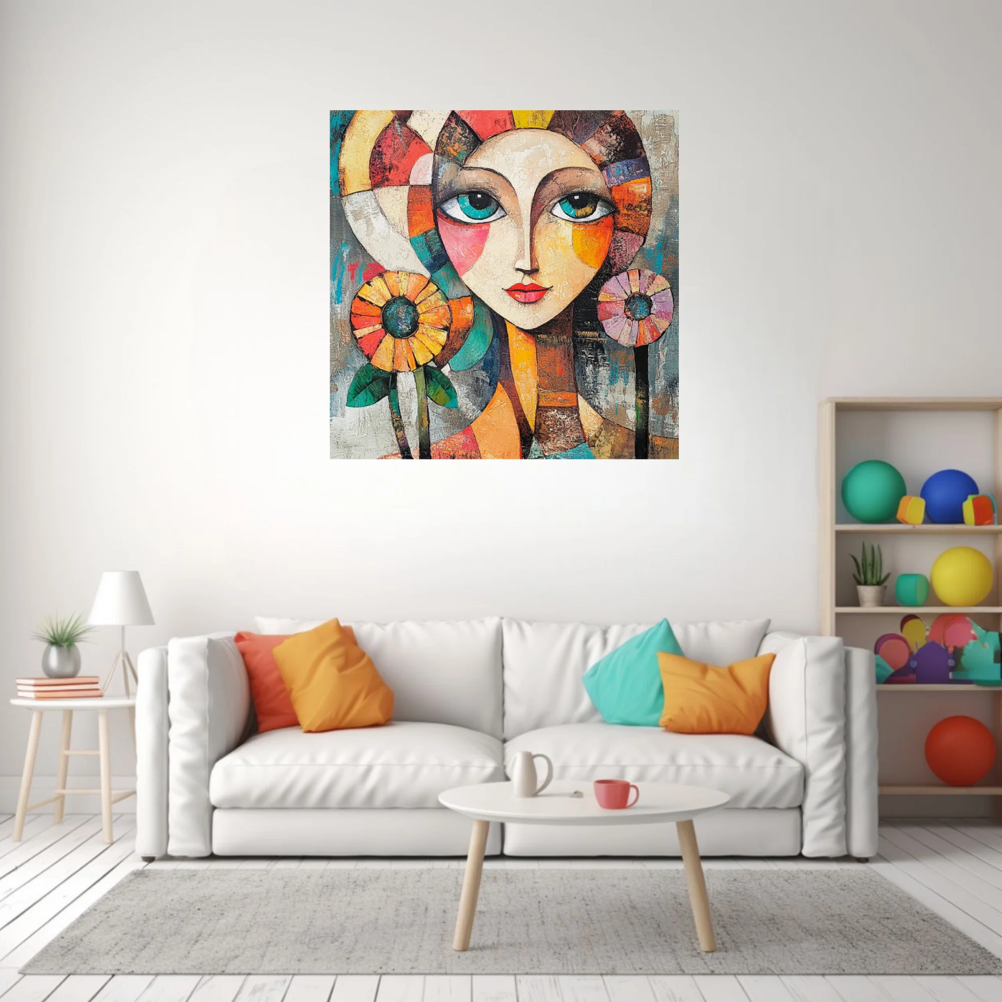 Geometric abstract female portrait with teal eyes, geometric color blocks, and floral motifs
