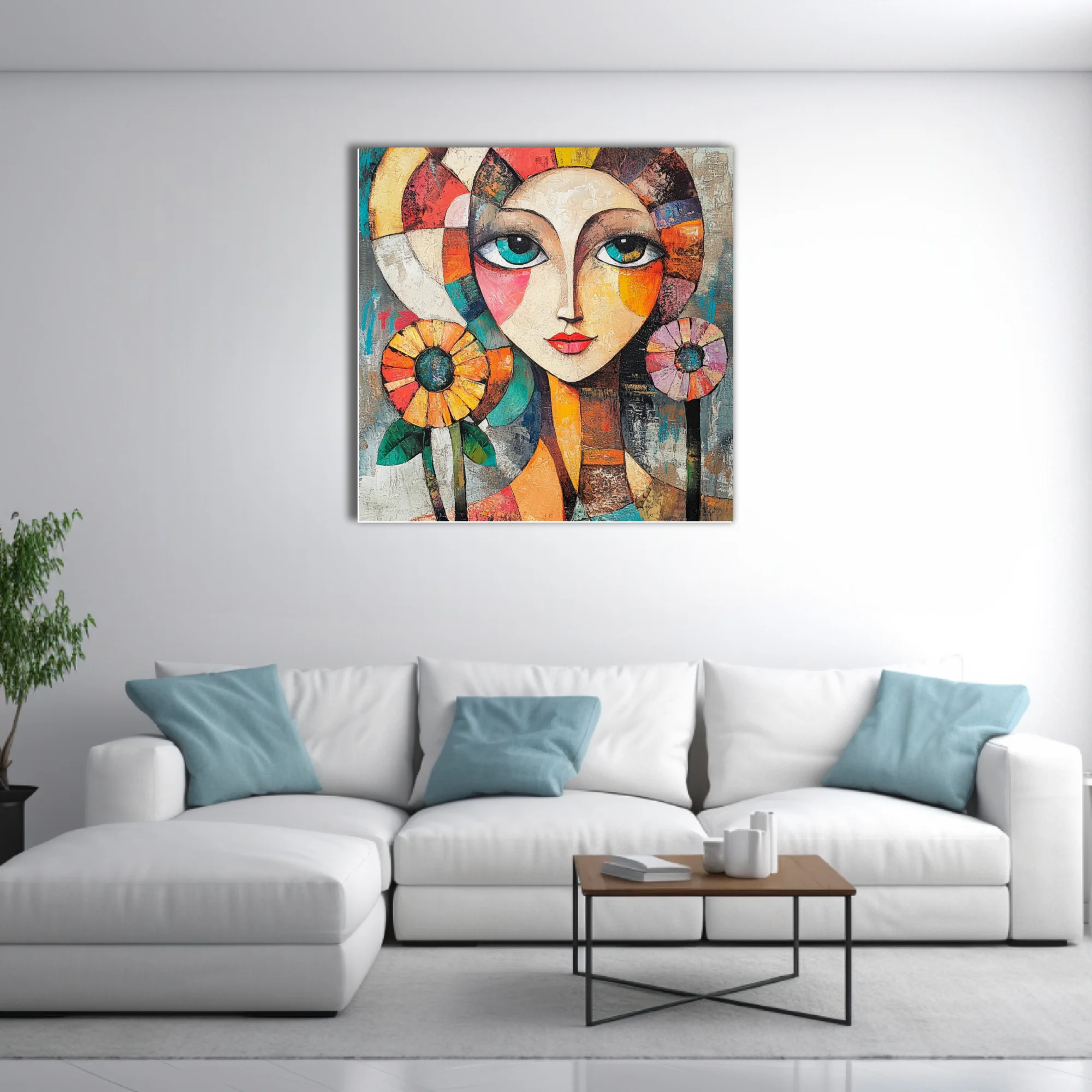 Geometric abstract female portrait with teal eyes, geometric color blocks, and floral motifs