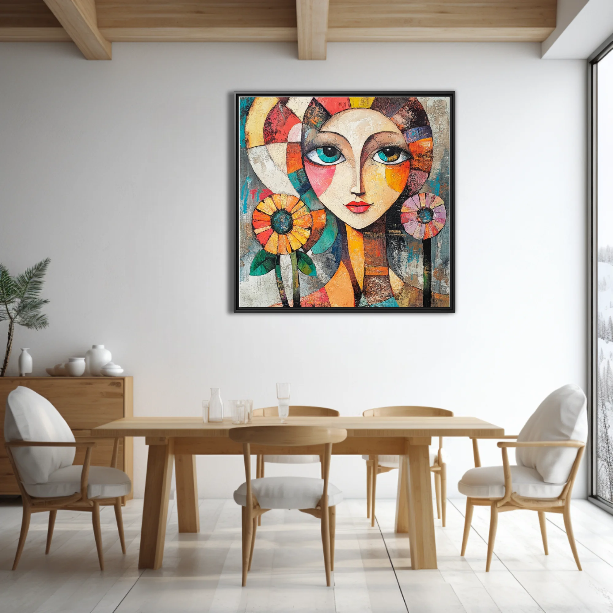 Geometric abstract female portrait with teal eyes, geometric color blocks, and floral motifs