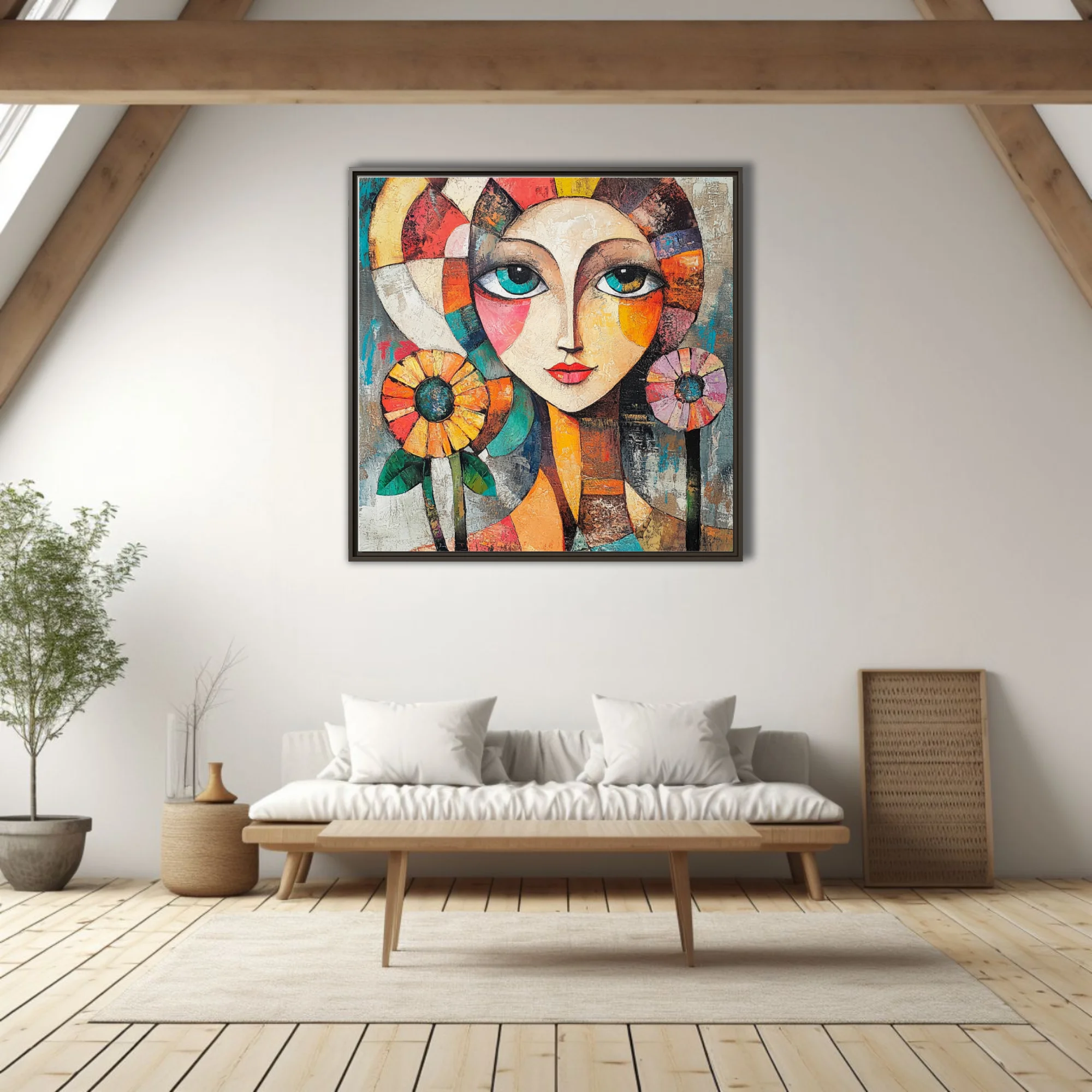 Geometric abstract female portrait with teal eyes, geometric color blocks, and floral motifs