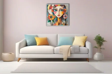 Geometric abstract female portrait with teal eyes, geometric color blocks, and floral motifs