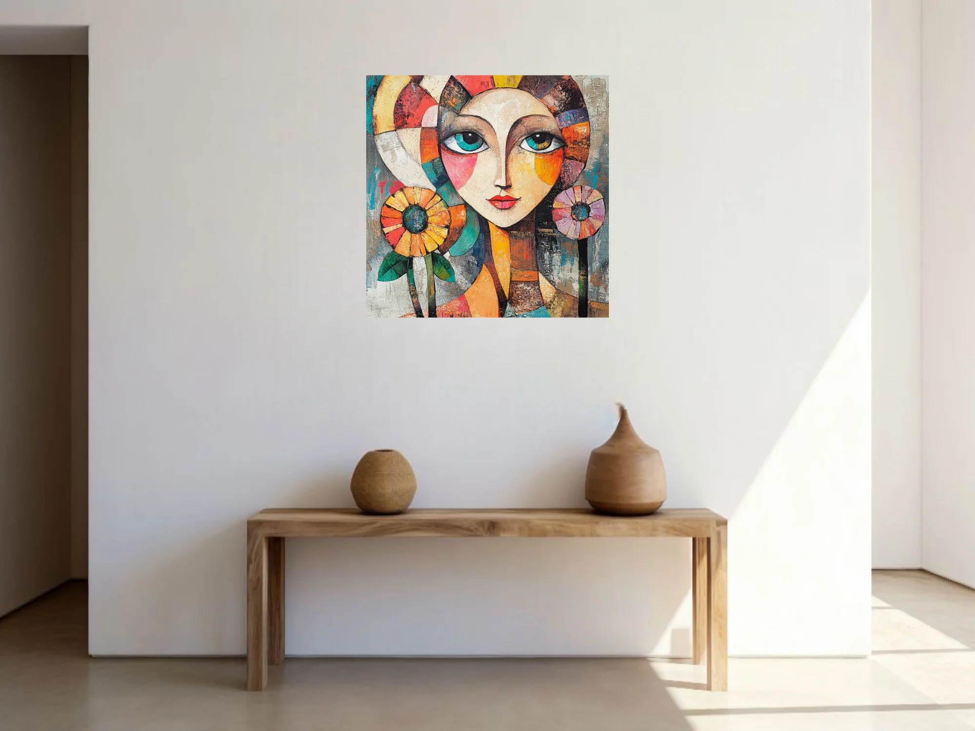 Geometric abstract female portrait with teal eyes, geometric color blocks, and floral motifs