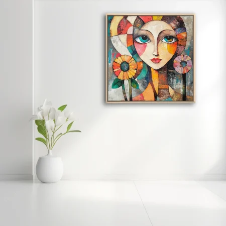 Geometric abstract female portrait with teal eyes, geometric color blocks, and floral motifs