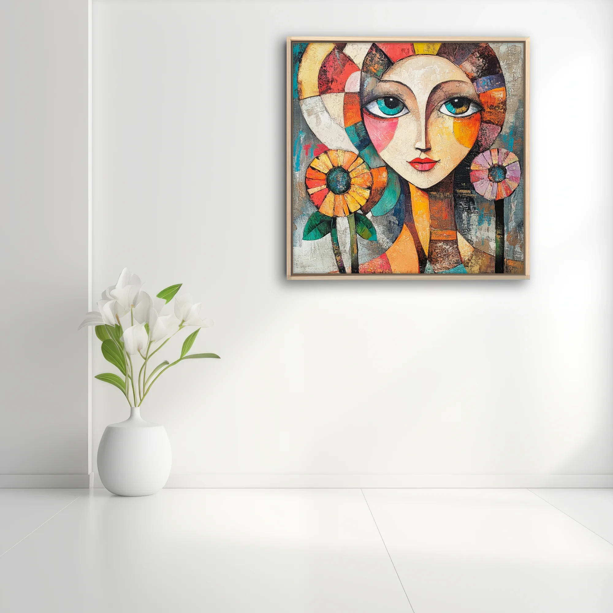 Geometric abstract female portrait with teal eyes, geometric color blocks, and floral motifs