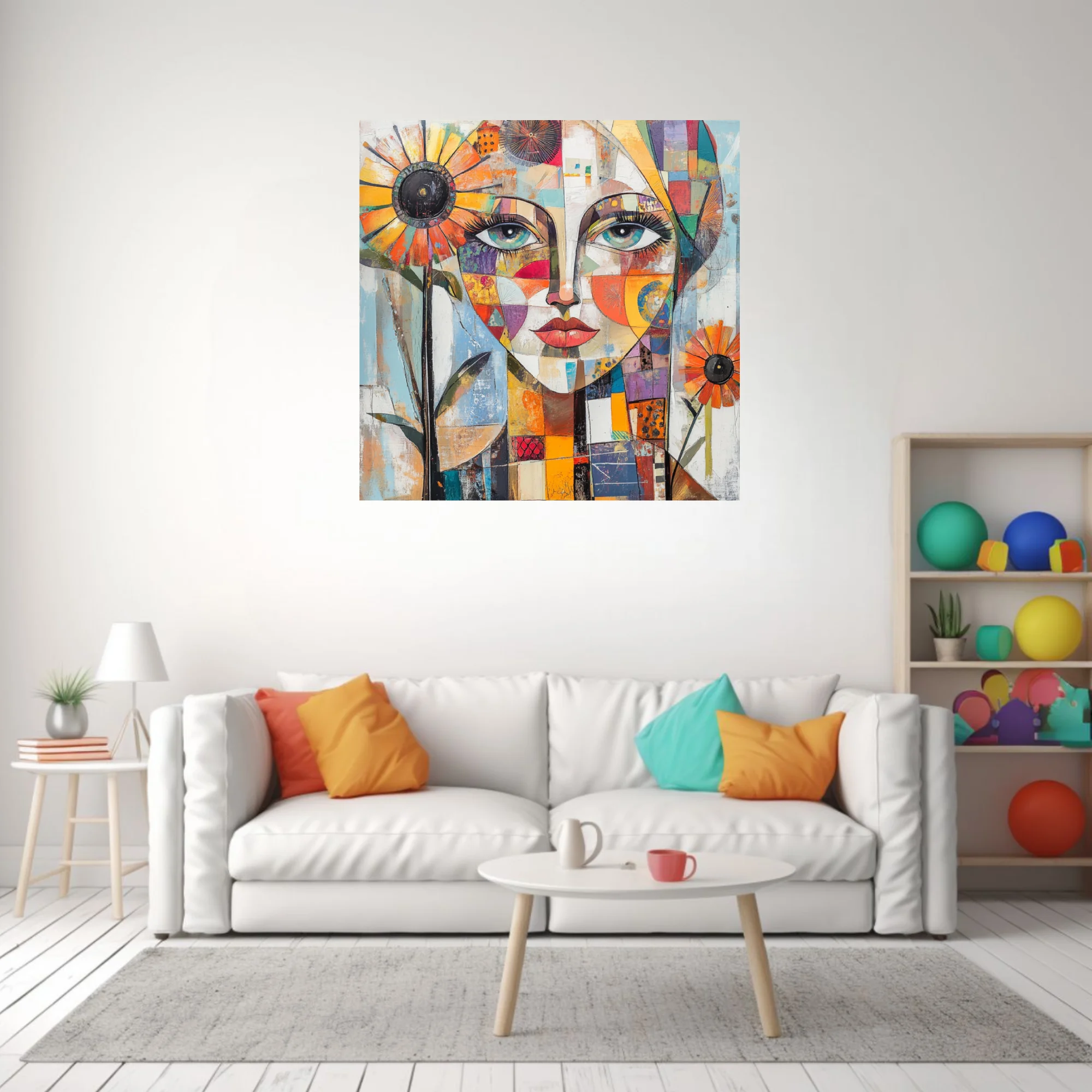 Geometric collage portrait of a woman with patchwork face and sunflower motifs
