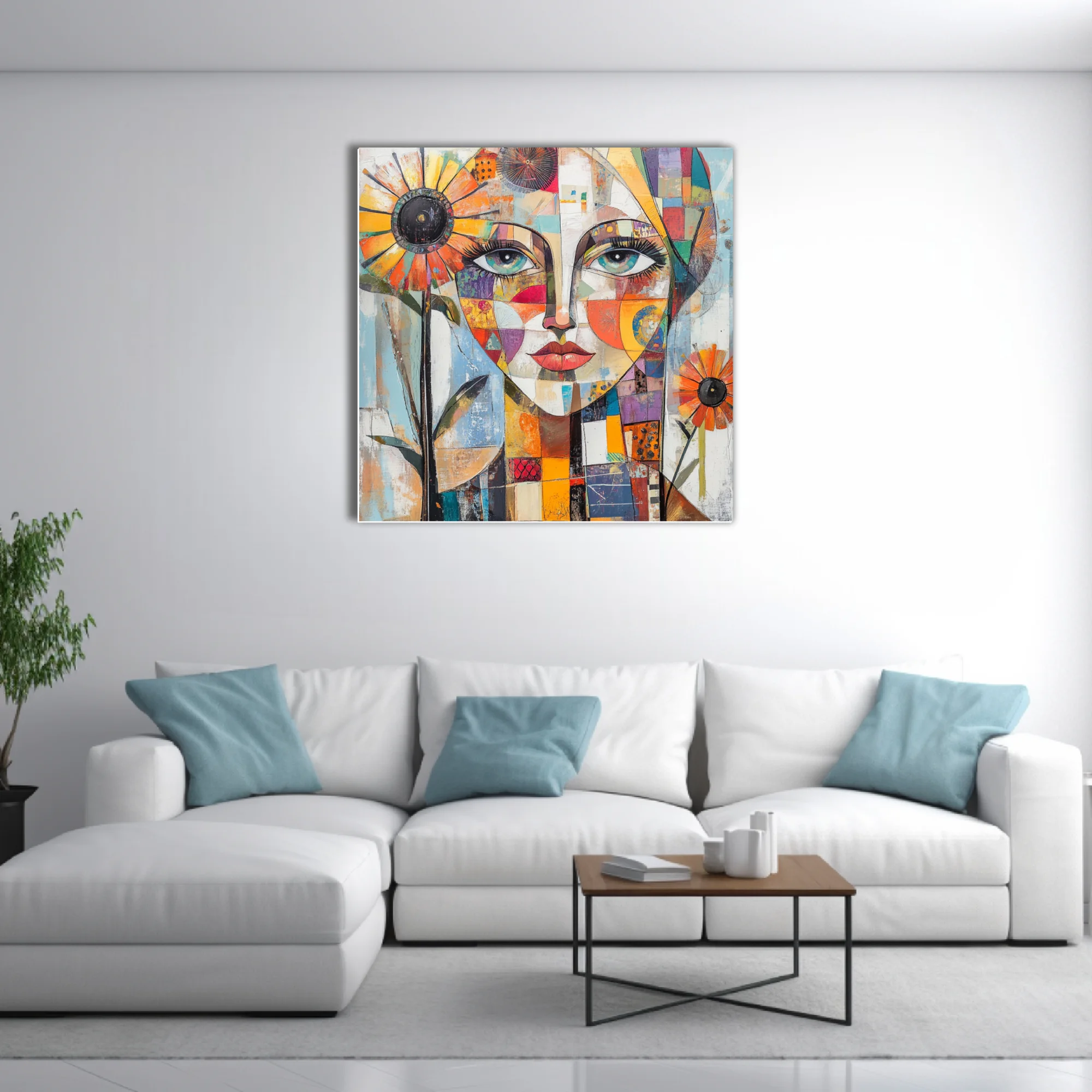 Geometric collage portrait of a woman with patchwork face and sunflower motifs