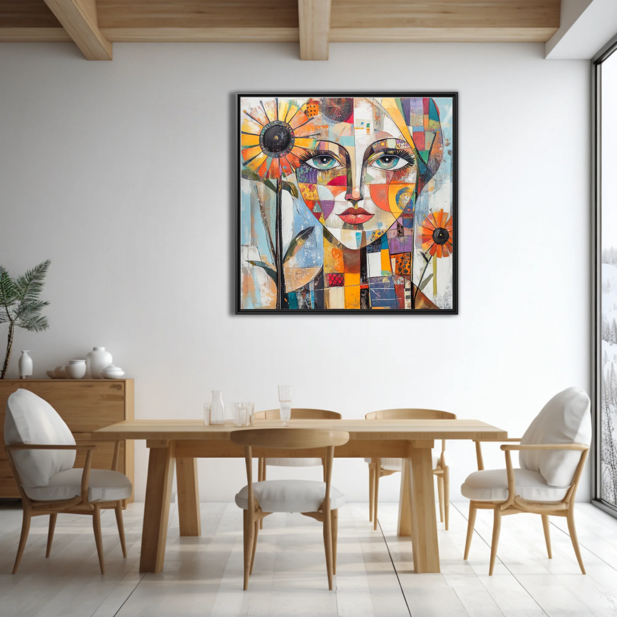 Geometric collage portrait of a woman with patchwork face and sunflower motifs