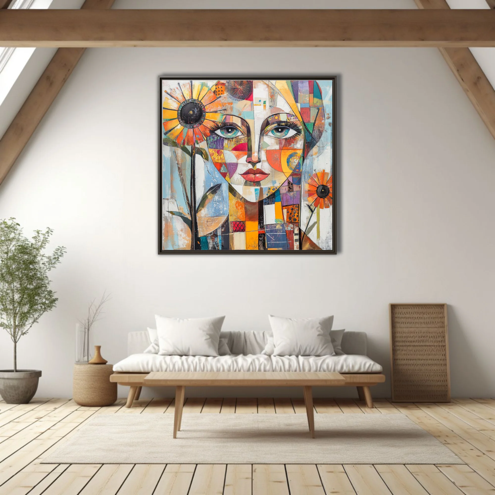 Geometric collage portrait of a woman with patchwork face and sunflower motifs