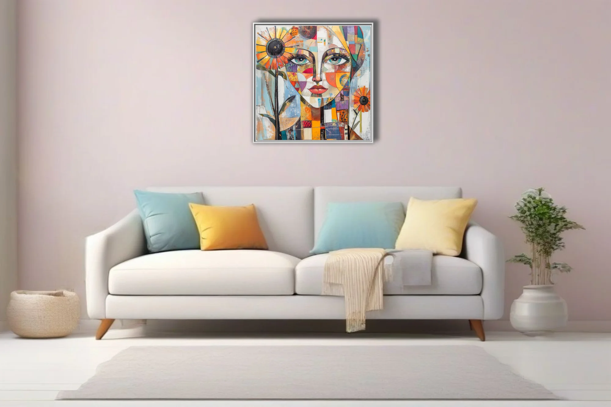 Geometric collage portrait of a woman with patchwork face and sunflower motifs