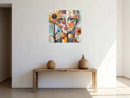 Geometric collage portrait of a woman with patchwork face and sunflower motifs