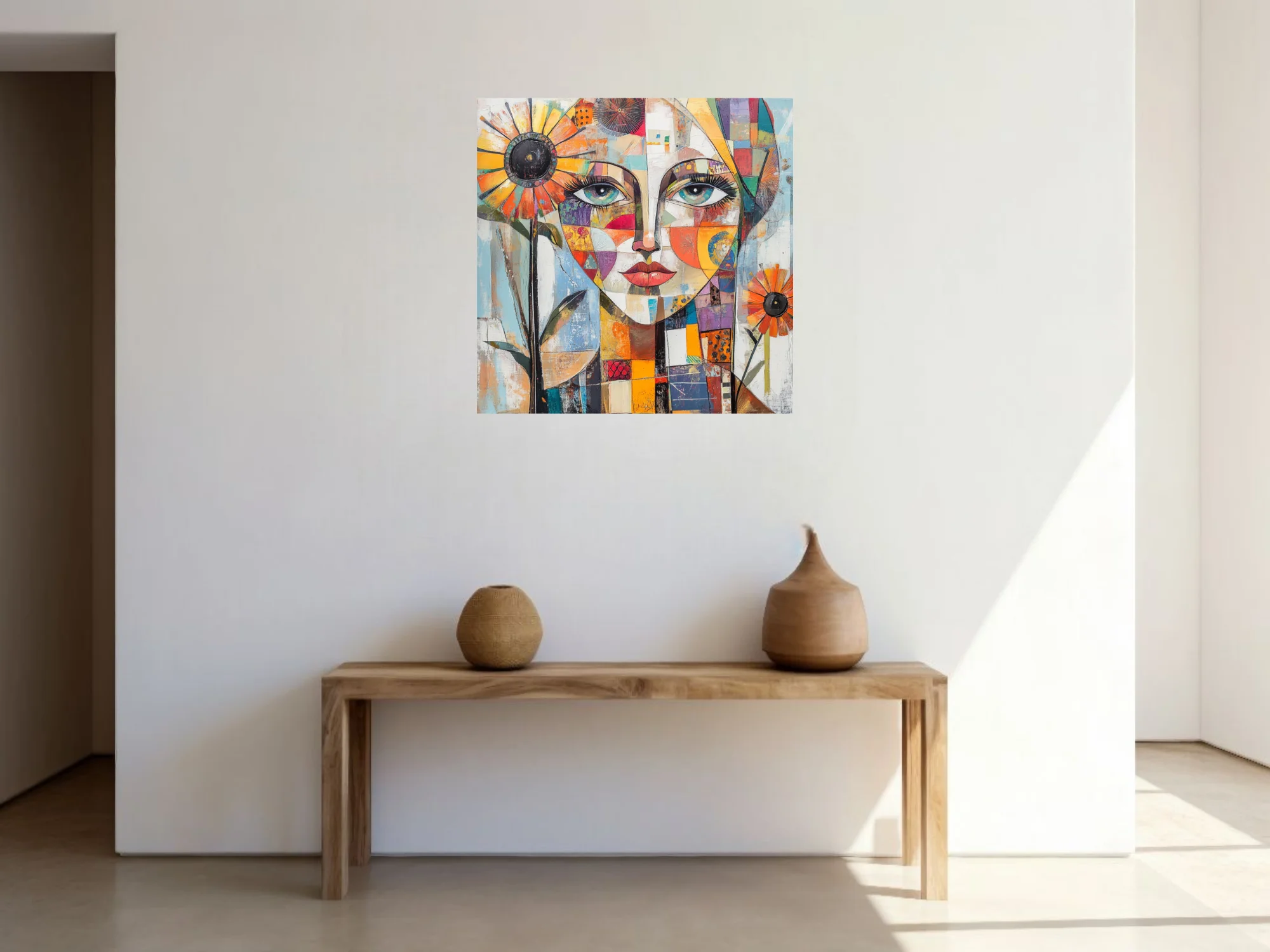 Geometric collage portrait of a woman with patchwork face and sunflower motifs