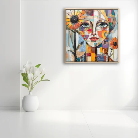 Geometric collage portrait of a woman with patchwork face and sunflower motifs