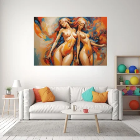Expressive nude figure study in molten orange and cobalt blue with sweeping strokes