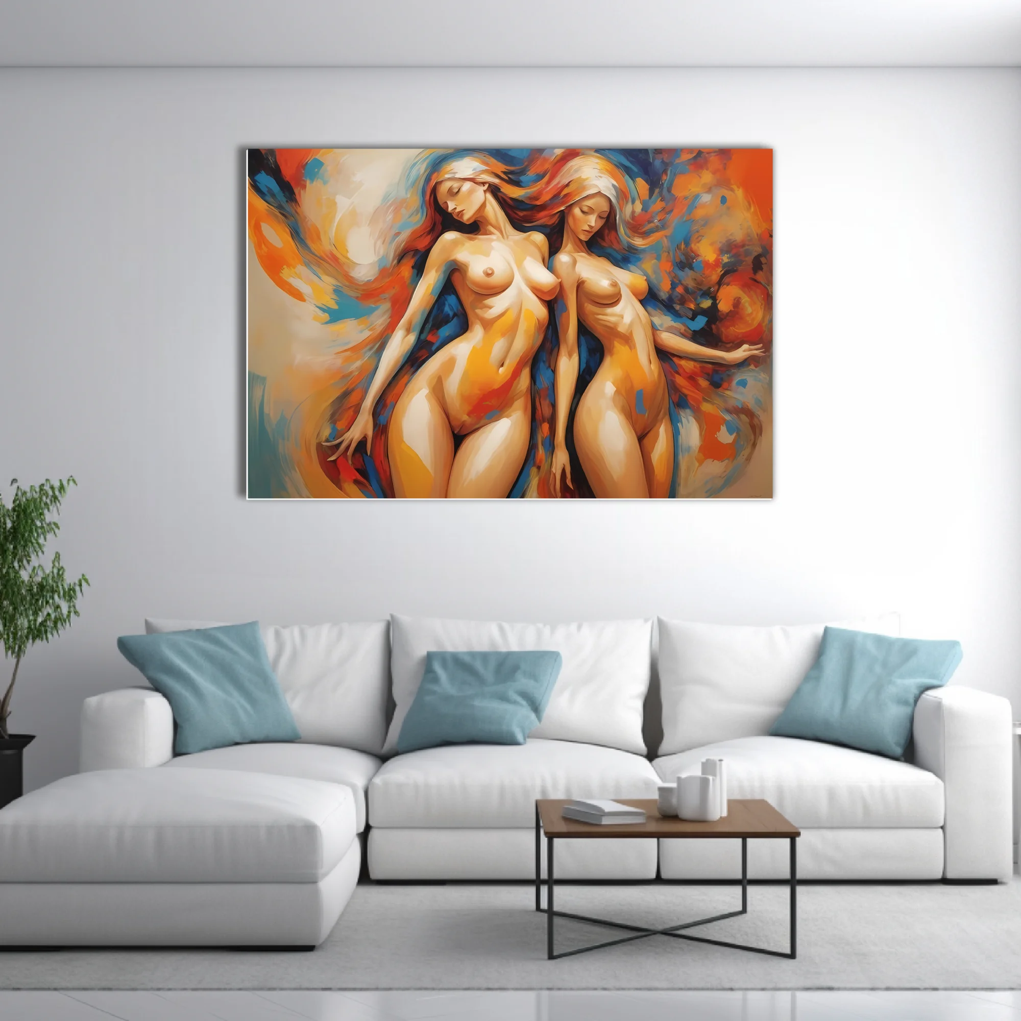 Expressive nude figure study in molten orange and cobalt blue with sweeping strokes