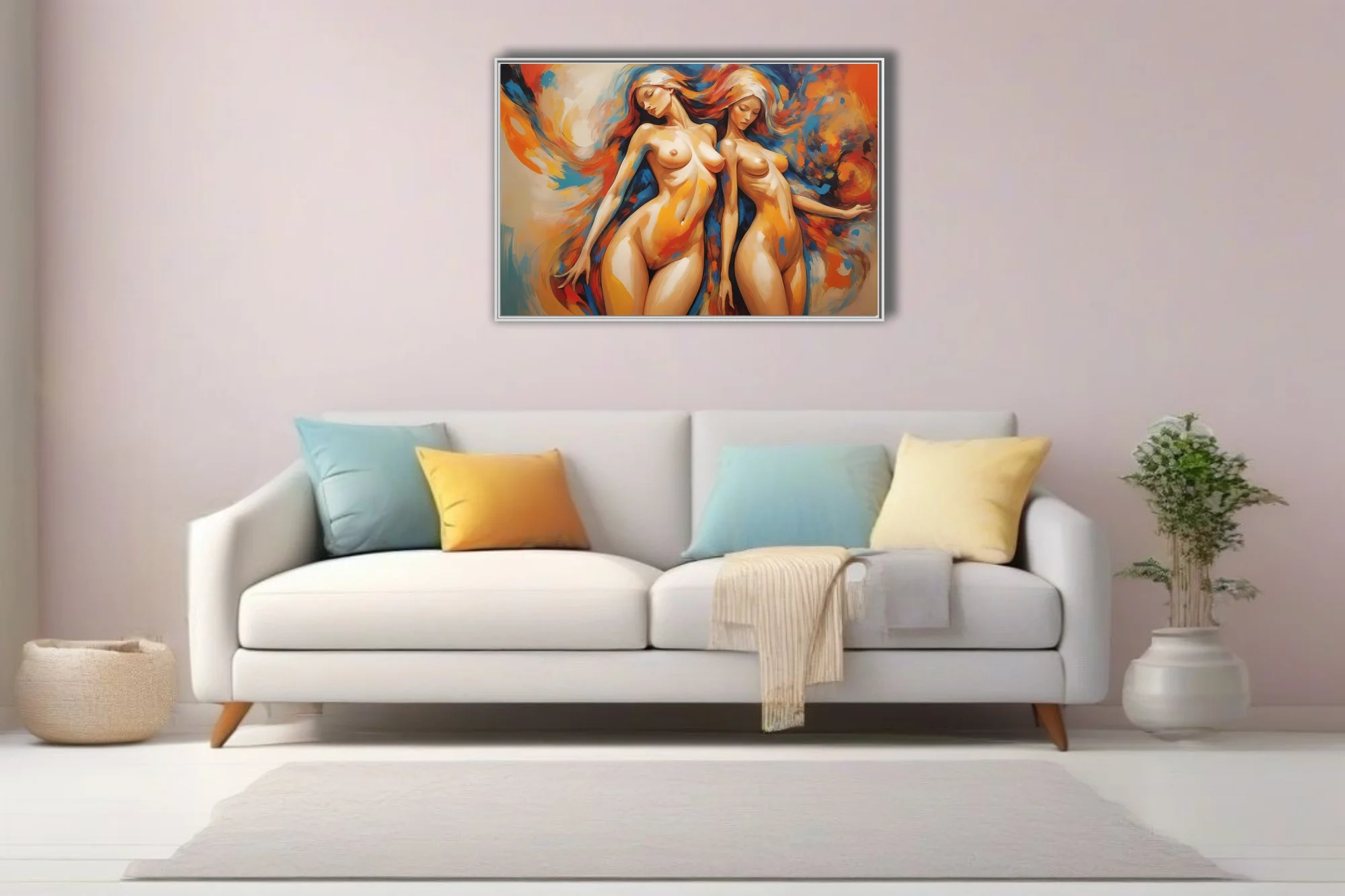 Expressive nude figure study in molten orange and cobalt blue with sweeping strokes