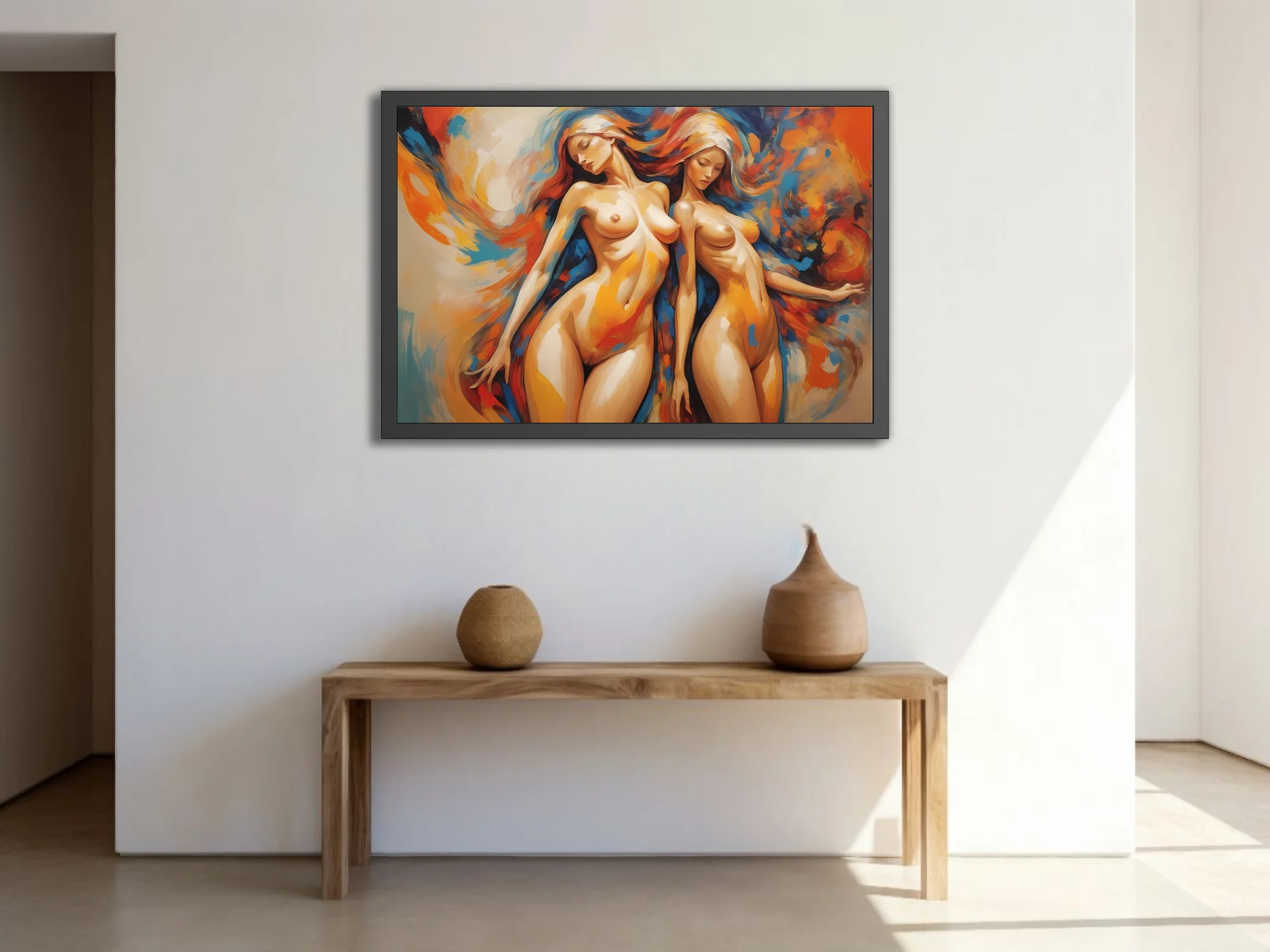Expressive nude figure study in molten orange and cobalt blue with sweeping strokes