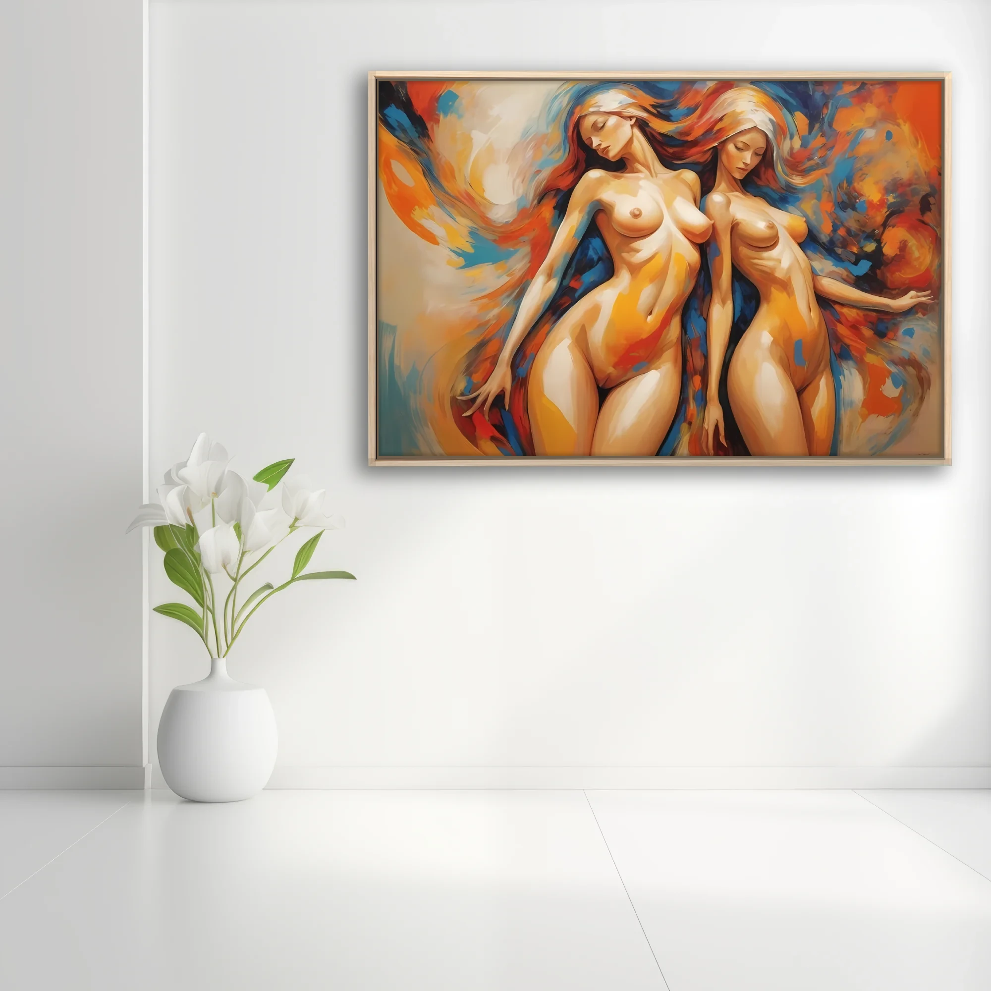 Expressive nude figure study in molten orange and cobalt blue with sweeping strokes