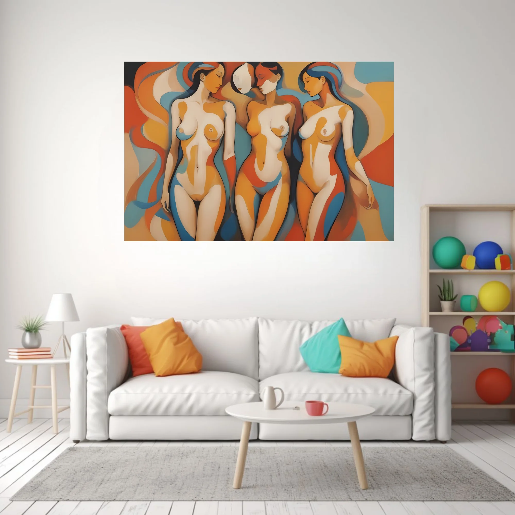 Modernist abstract nude figures in terracotta, blue, and ivory tones