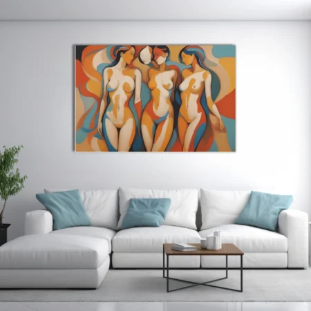 Modernist abstract nude figures in terracotta, blue, and ivory tones
