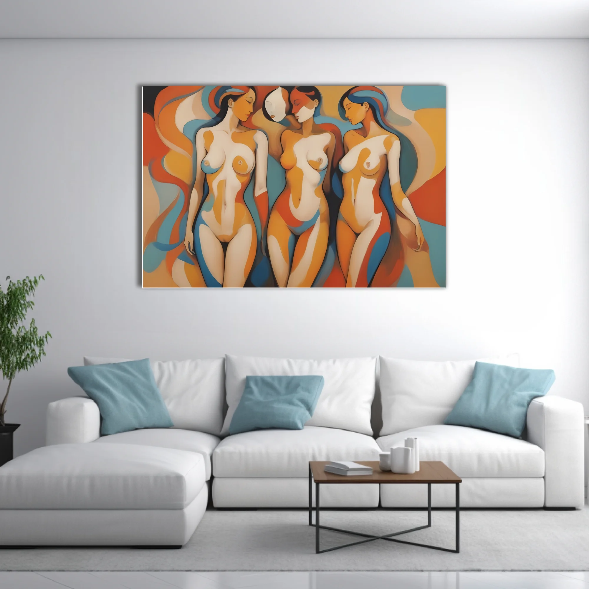 Modernist abstract nude figures in terracotta, blue, and ivory tones