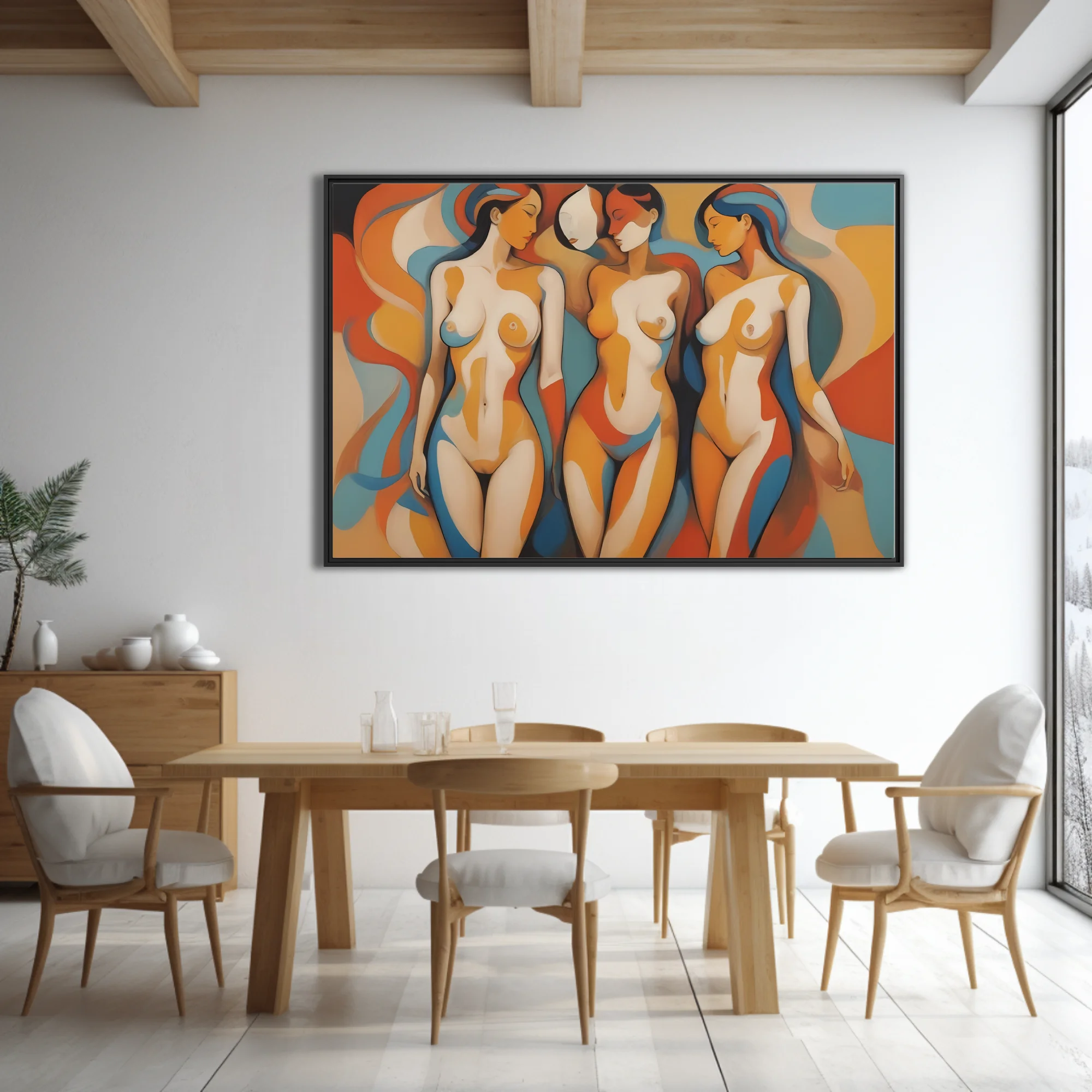 Modernist abstract nude figures in terracotta, blue, and ivory tones