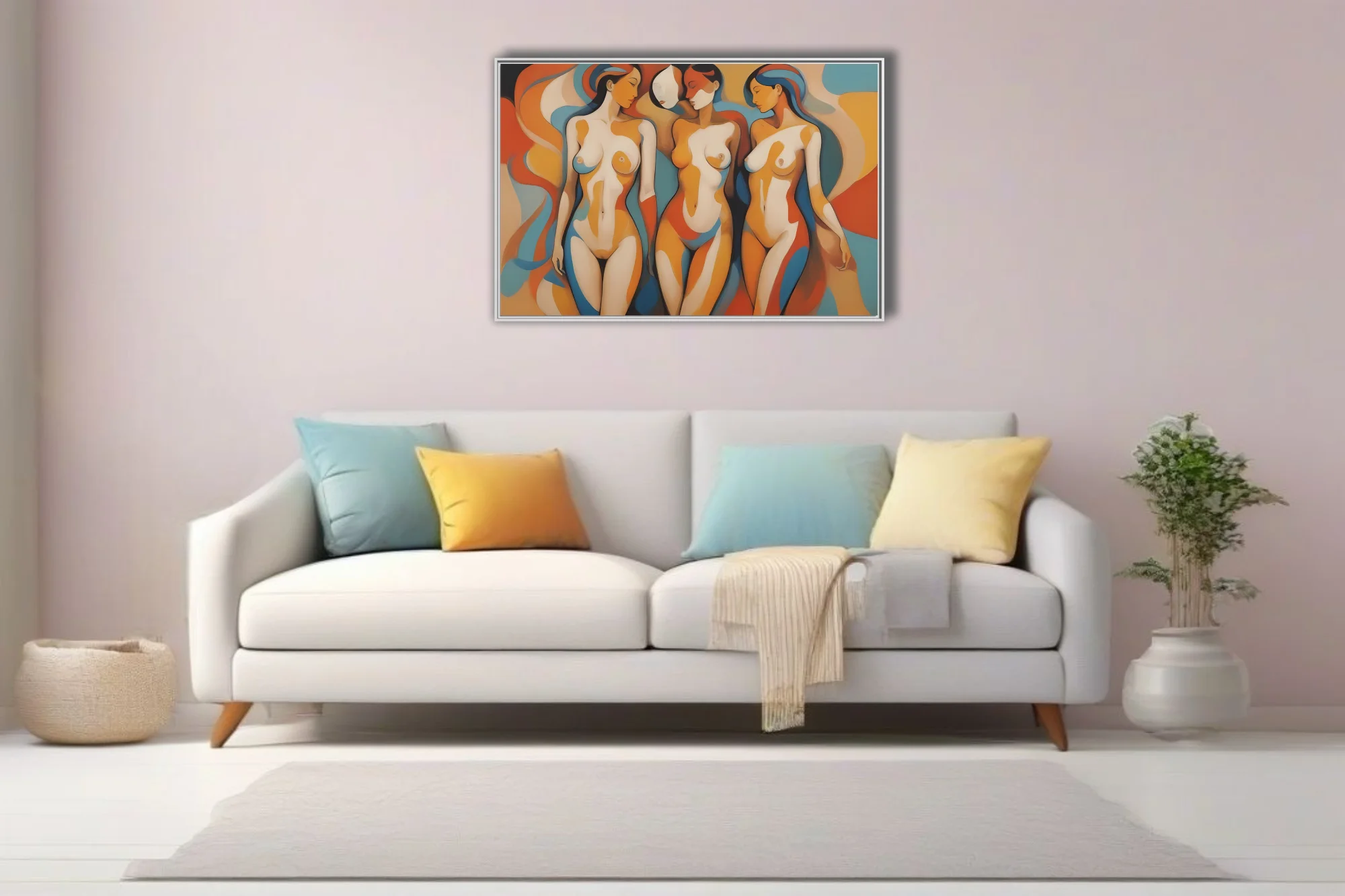 Modernist abstract nude figures in terracotta, blue, and ivory tones