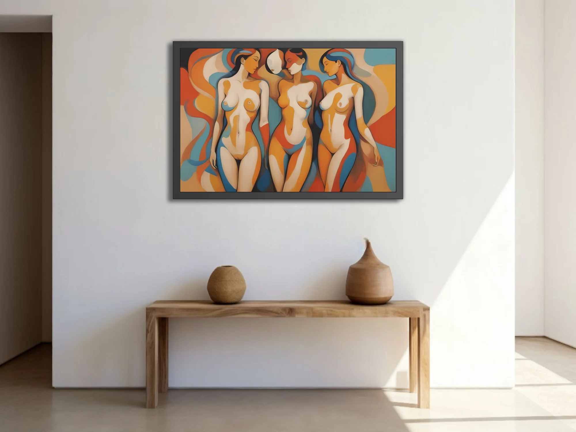 Modernist abstract nude figures in terracotta, blue, and ivory tones