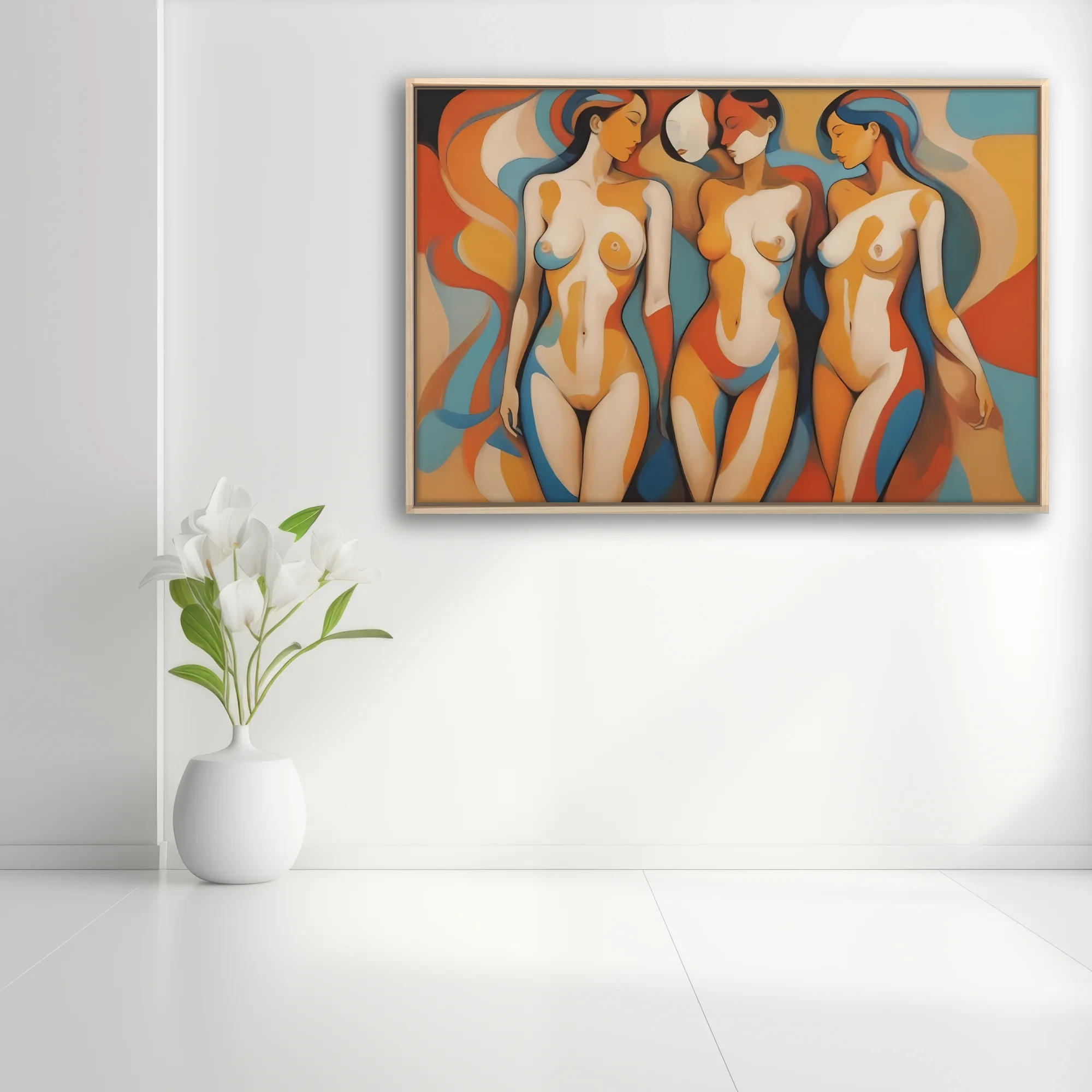 Modernist abstract nude figures in terracotta, blue, and ivory tones