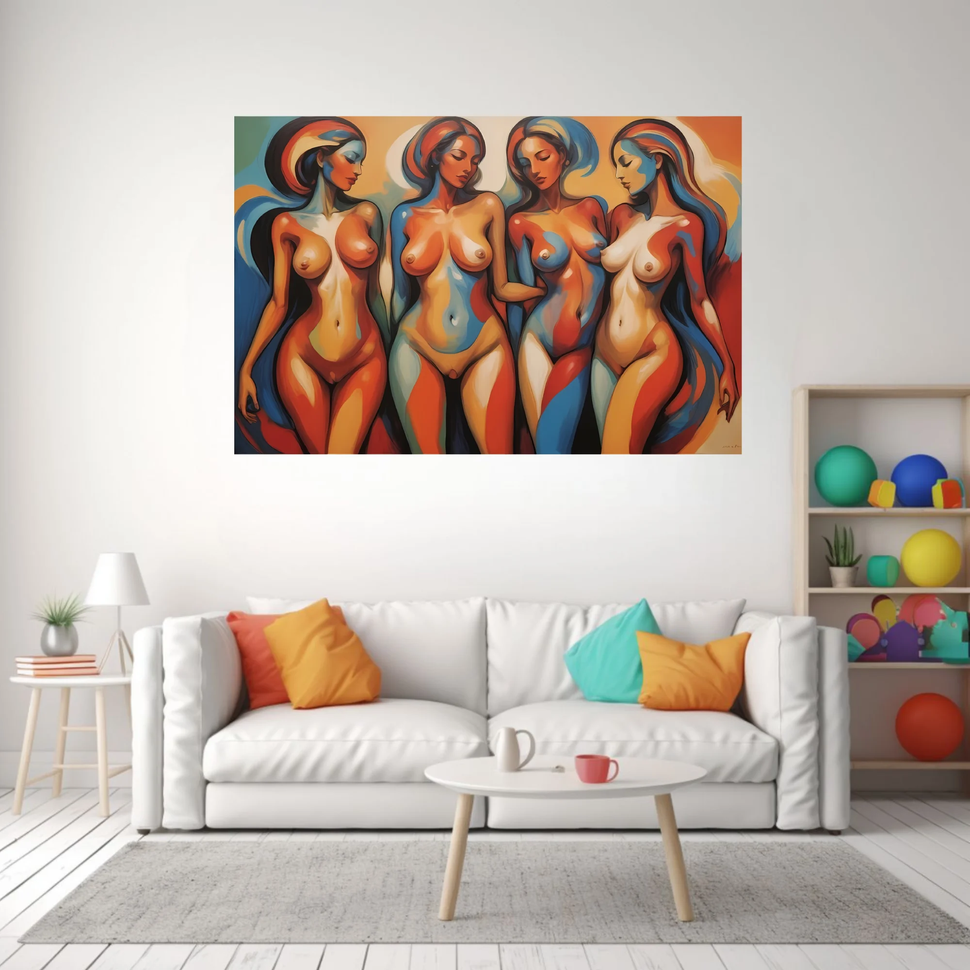 Abstract figurative nude study bold terracotta blue mid-century modern palette